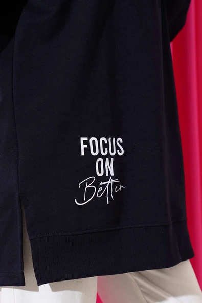 Kapüşonlu Yarım Fermuarlı Baskılı Tunik Lacivert - Resim 4