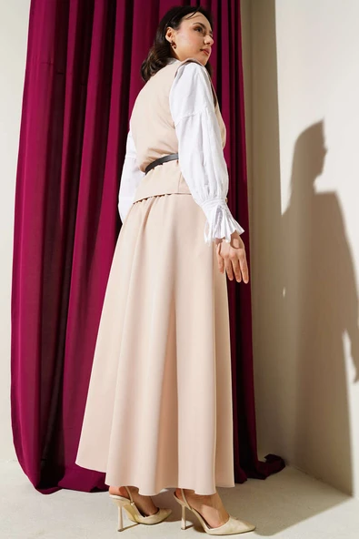 Kemerli Düğmeli Yelekli İkili Takım Bej - 3