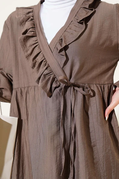 Fırfırlı Bileği Lastikli Kimono Kahve - 4