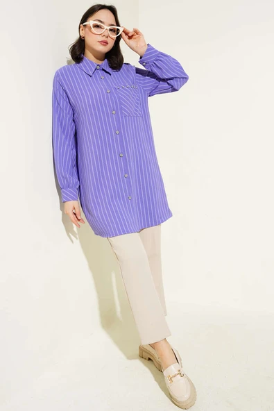 Cep Taşlı Çizgili Gömlek Lila - Resim 2