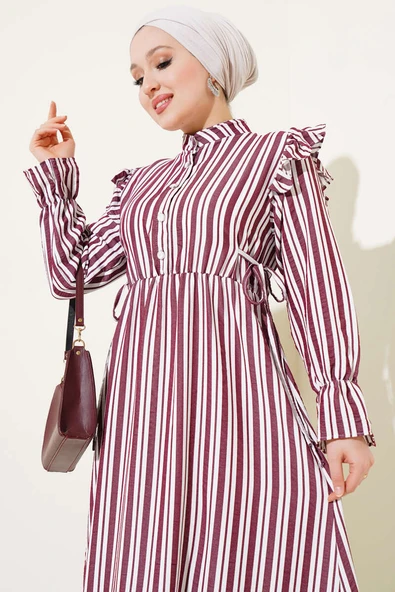 Çizgili Düğmeli Omuz Fırfırlı Elbise Bordo - Resim 2