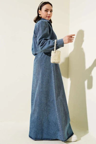 Düğmeli Kısa Ceketli Kot İkili Takım Kot Mavisi - Resim 3