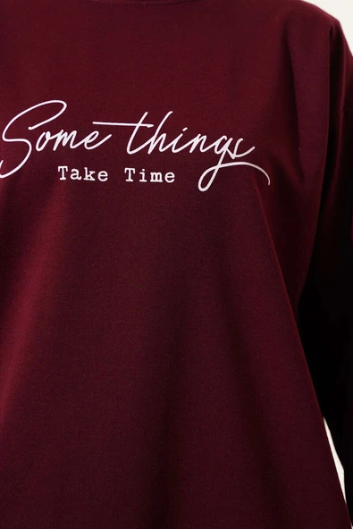 Something Baskılı İki İp Tunik Bordo - 4