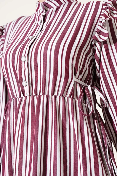 Çizgili Düğmeli Omuz Fırfırlı Elbise Bordo - Resim 4