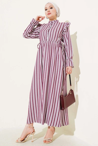 Çizgili Düğmeli Omuz Fırfırlı Elbise Bordo ürün görseli 1