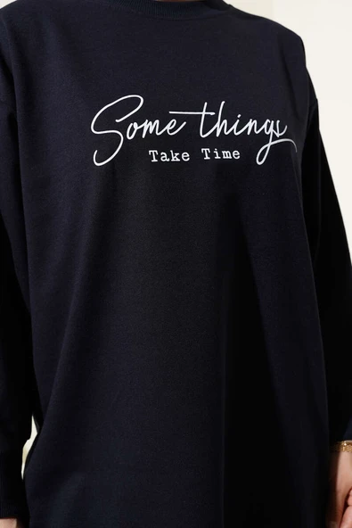 Something Baskılı İki İp Tunik Lacivert - Resim 4