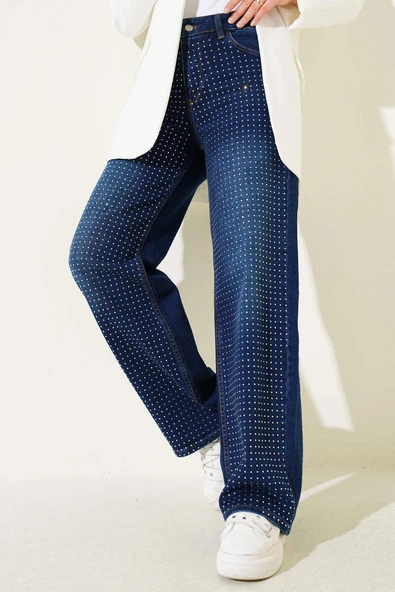 Taşlı Palazzo Kot Pantolon Lacivert ürün görseli 1