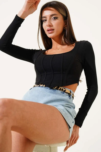 Uzun Kol Biyeli Crop Siyah ürün görseli 1