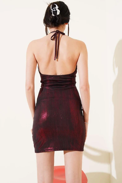 Askılı Yırtmaçlı Parlak Mini Elbise Bordo - 3
