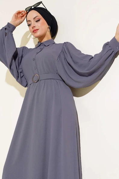 Yarım Düğmeli Balon Kol Kemerli Elbise Füme - Resim 2