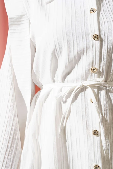 Omuz Pelerinli İp Kuşaklı Gömlek Beyaz - 4