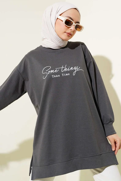 Something Baskılı İki İp Tunik Füme - 1