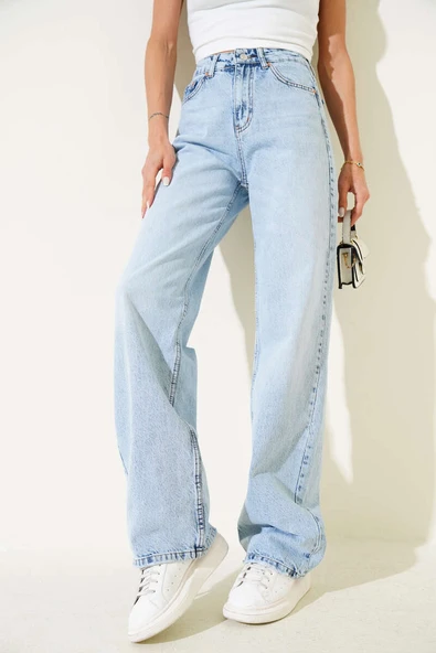 Geniş Paça Wide Leg Kot Pantolon Kar Açık - Resim 2