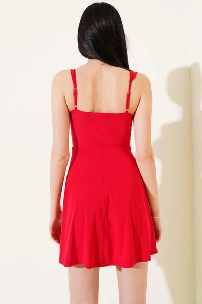Çapraz İp Askılı Sandy Mini Elbise Kırmızı - Resim 3