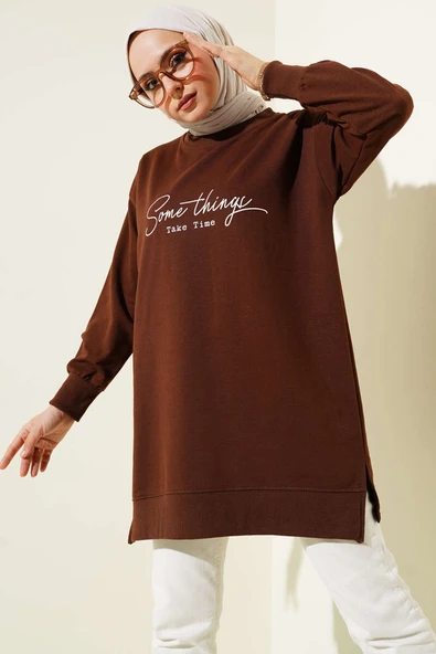 Something Baskılı İki İp Tunik Kahve ürün görseli
