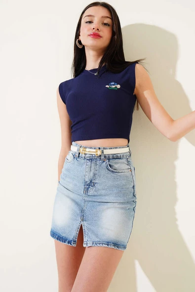 Ayıcık Nakışlı Kolsuz Crop Lacivert