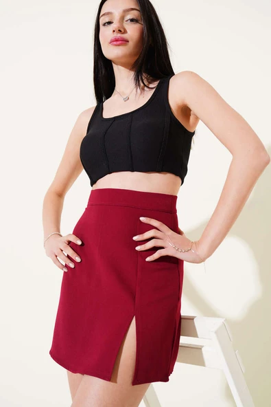 Yırtmaçlı Fermuarlı Mini Etek Bordo