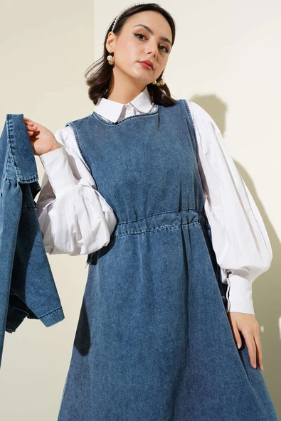 Düğmeli Kısa Ceketli Kot İkili Takım Kot Mavisi ürün görseli 1