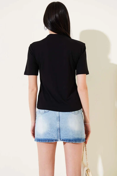 Omuz Vatkalı Yarım Fermuarlı T-shirt Siyah - Resim 3