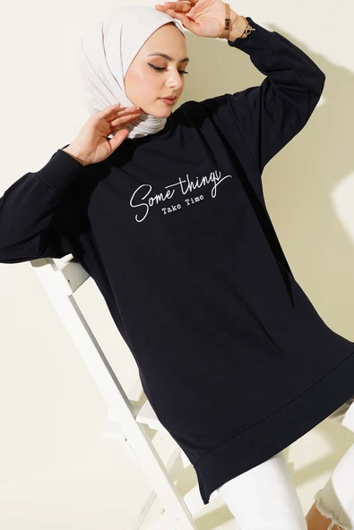 Something Baskılı İki İp Tunik Lacivert ürün görseli