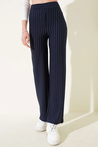 Bel Lastikli Çizgili Baggy Pantolon Lacivert - 2
