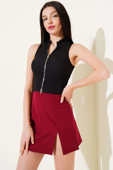 Önü Fermuarlı Kolsuz Kaşkorse Crop Siyah - Resim 2