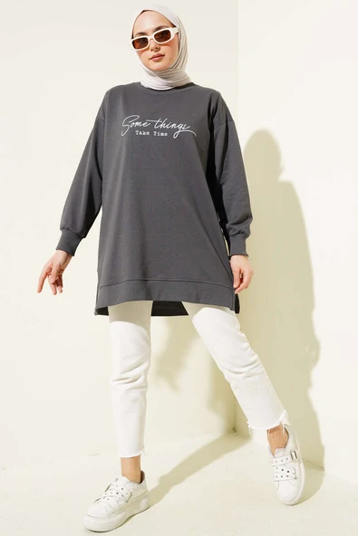 Something Baskılı İki İp Tunik Füme - Resim 2