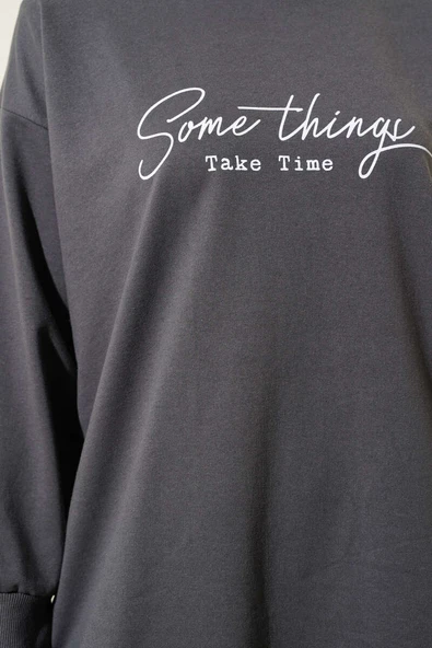 Something Baskılı İki İp Tunik Füme - 4
