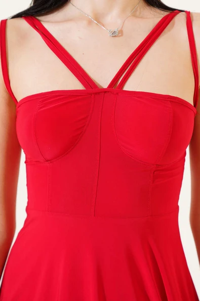 Çapraz İp Askılı Sandy Mini Elbise Kırmızı - Resim 4