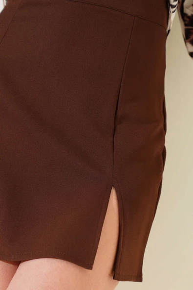 Yırtmaçlı Fermuarlı Mini Etek Kahve - 4