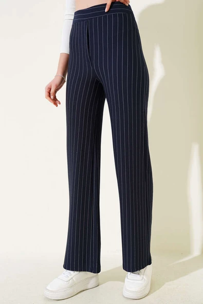 Bel Lastikli Çizgili Baggy Pantolon Lacivert