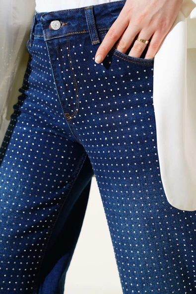 Taşlı Palazzo Kot Pantolon Lacivert - Resim 4