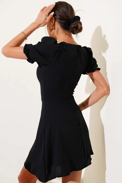 Balon Kol Boydan Düğmeli Mini Elbise Siyah - Resim 3