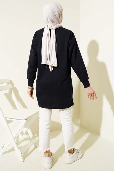 Something Baskılı İki İp Tunik Lacivert - Resim 3