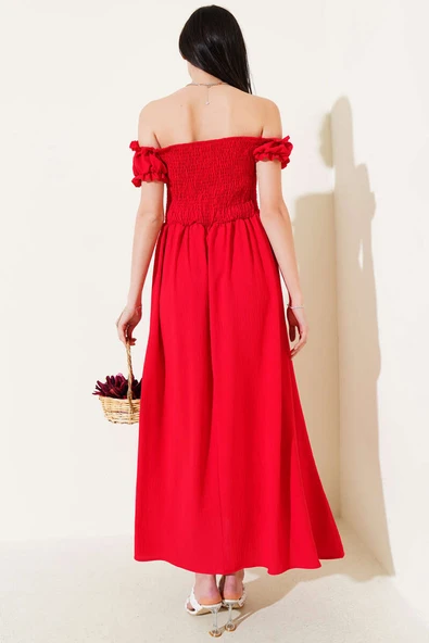 Kayık Yaka Kuş Gözü Detaylı Elbise Kırmızı - Resim 3