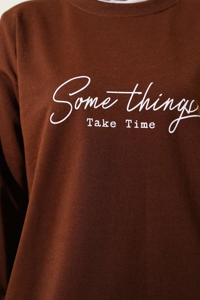 Something Baskılı İki İp Tunik Kahve - Resim 4