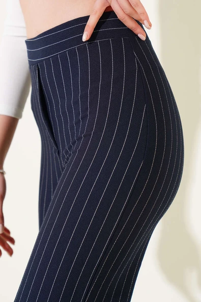 Bel Lastikli Çizgili Baggy Pantolon Lacivert - 4