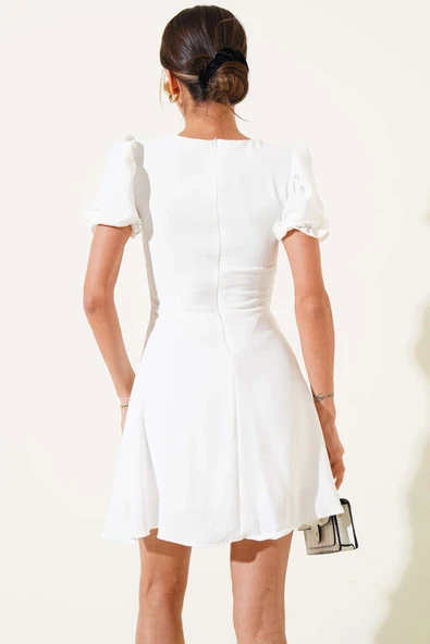 Balon Kol Boydan Düğmeli Mini Elbise Ekru - Resim 3