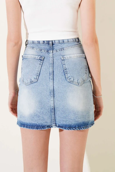 Yırtmaç Detaylı Mini Kot Etek Kot Mavisi - Resim 3