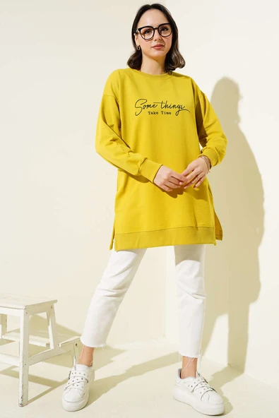 Something Baskılı İki İp Tunik Yağ Yeşili - Resim 2