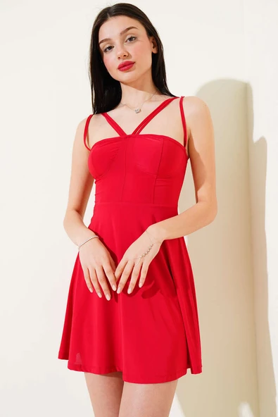 Çapraz İp Askılı Sandy Mini Elbise Kırmızı - Resim 2