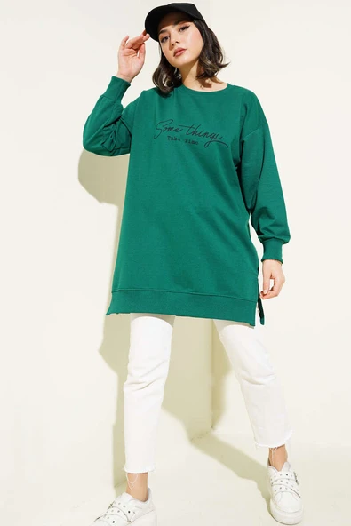 Something Baskılı İki İp Tunik Yeşil - Resim 2