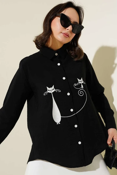 Kedi Nakışlı Gömlek Siyah - 2