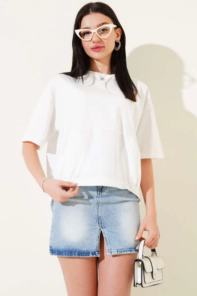 Garnili Sırt Düğme Detaylı T-shirt Ekru
