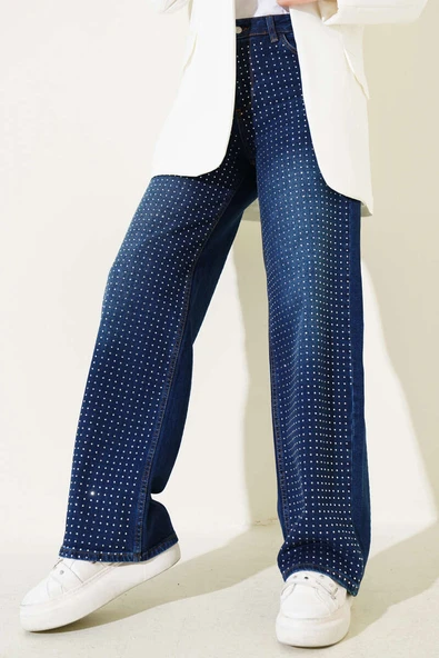 Taşlı Palazzo Kot Pantolon Lacivert - Resim 2