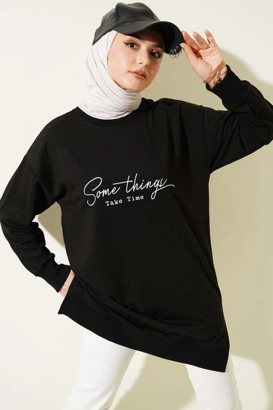 Something Baskılı İki İp Tunik Siyah ürün görseli 1