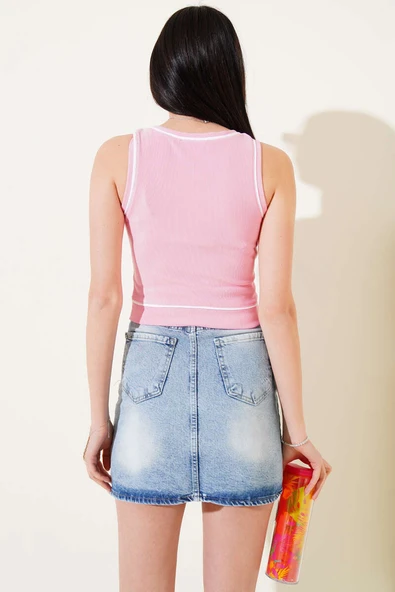 Biye Detaylı Askılı Kaşkorse Crop Pembe - Resim 3