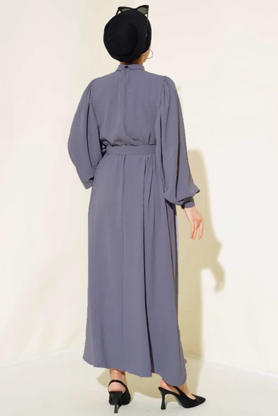 Yarım Düğmeli Balon Kol Kemerli Elbise Füme - Resim 3