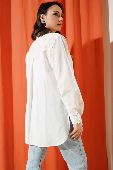 V Dantelli Gömlek Ekru - Resim 3