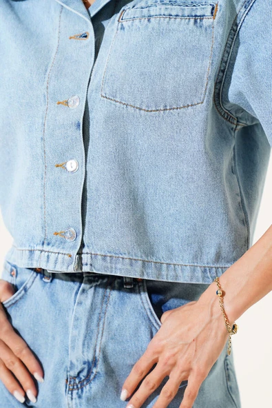 Kısa Kollu Ceketli Kot İkili Takım Açık Mavi - Resim 4